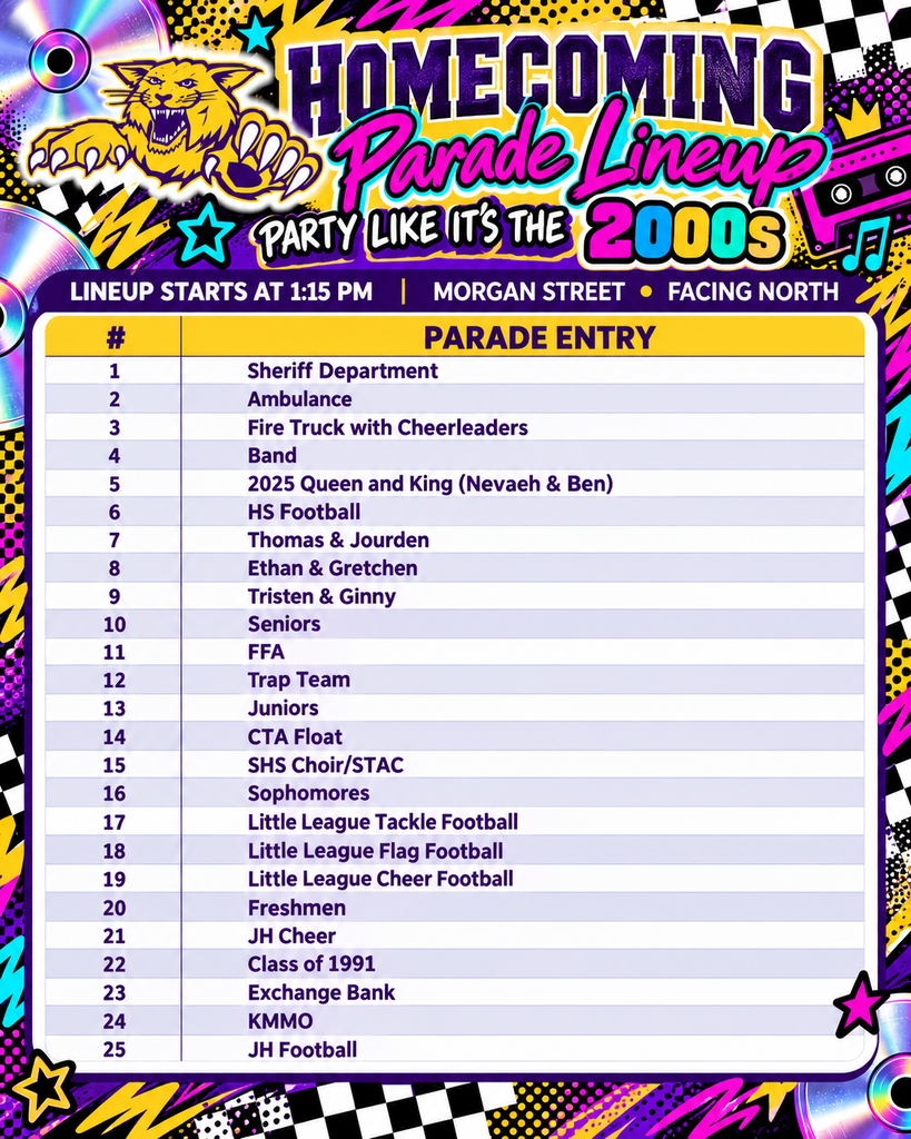 Homecoming Parade Lineup graphic with a purple and gold Wildcat and colorful 2000s-themed design featuring CDs, cassette tapes, checkerboard patterns, and neon accents. Lineup begins at 1:15 PM on Morgan Street, facing north. Parade order: 1. Sheriff Department, 2. Ambulance, 3. Fire Truck with Cheerleaders, 4. Band, 5. 2025 Queen and King (Nevaeh & Ben), 6. HS Football, 7. Thomas & Jourden, 8. Ethan & Gretchen, 9. Tristen & Ginny, 10. Seniors, 11. FFA, 12. Trap Team, 13. Juniors, 14. CTA Float, 15. SHS Choir/STAC, 16. Sophomores, 17. Little League Tackle Football, 18. Little League Flag Football, 19. Little League Cheer Football, 20. Freshmen, 21. JH Cheer, 22. Class of 1991, 23. Exchange Bank, 24. KMMO, and 25. JH Football. Theme: “Party Like It’s the 2000s.”
