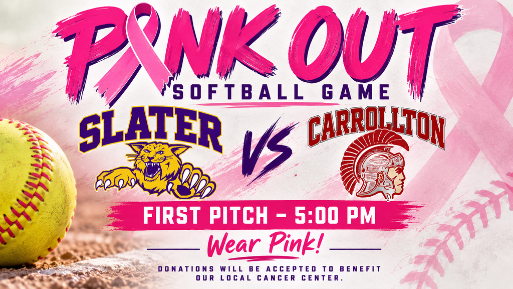 Pink Week Showdown softball graphic featuring the Slater Lady Wildcats and Carrollton Lady Trojans. The design uses pink breast cancer awareness elements with the Slater Wildcat and red Carrollton Trojan mascots. First pitch is at 5:00 p.m. Fans are encouraged to wear pink, and donations will be accepted to benefit the local Cancer Center.