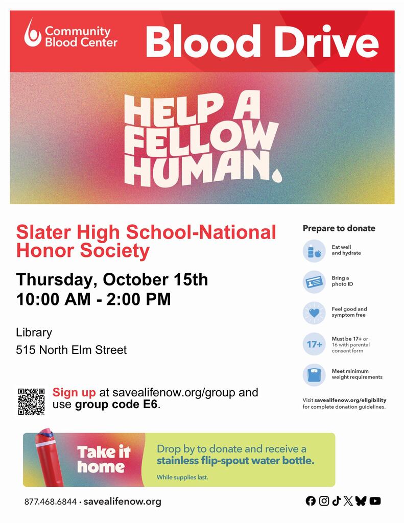 It's NHS Fall Blood Drive time! Make an appointment using the flyer link or walk-in this Thursday. Must have your ID or donor card present. All donors able to donate will receive an Owala water bottle from Community Blood Center! 