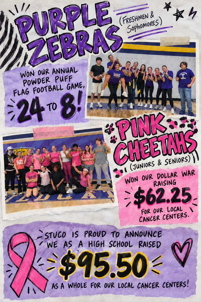 Pink and purple graphic with two student team photos from Slater High School’s Pink Week Powder Puff event. The Purple Zebras, freshmen and sophomores, won the flag football game 24–8. The Pink Cheetahs, juniors and seniors, won the Dollar War, raising $62.25. Student Council announces that the high school raised $95.50 total for local cancer centers.