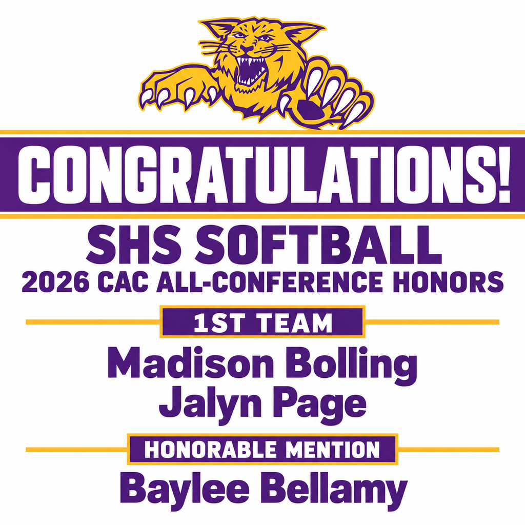 Purple-and-gold graphic featuring the Slater Wildcat mascot and congratulating SHS Softball players on their 2026 CAC All-Conference honors. First Team: Madison Bolling and Jalyn Page. Honorable Mention: Baylee Bellamy.