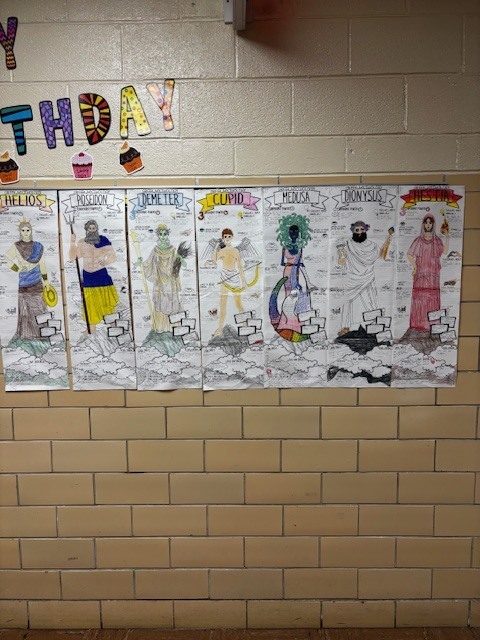 Our seventh graders kicked off their Greek mythology unit by creating Body Biographies of Greek gods, goddesses, and mythical creatures! Students explored their chosen figures’ powers, personalities, symbols, relationships, and more, bringing each mythological character to life through creativity and visual representation. 