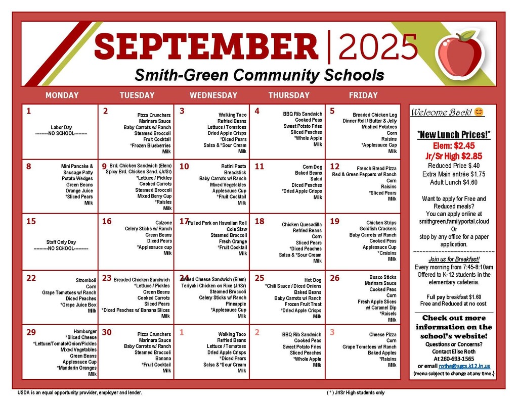 September 2025 Lunch Menu