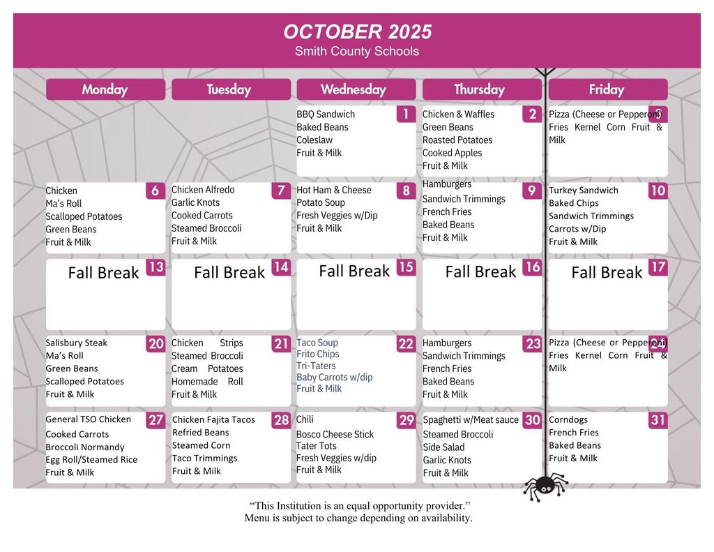 October Lunch Menu