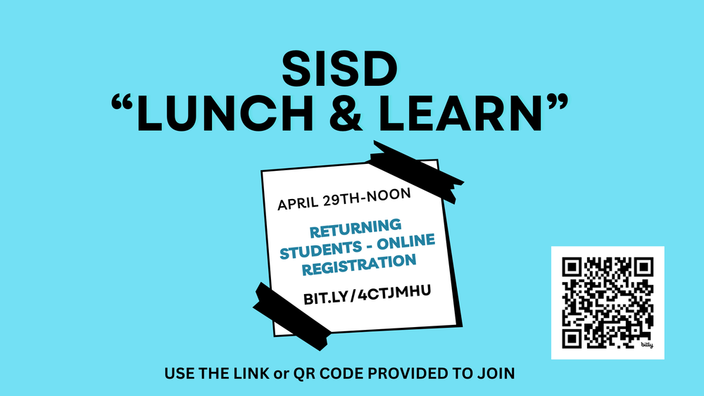 blue screen with SISD "Lunch & Learn" in black writing with a QR code