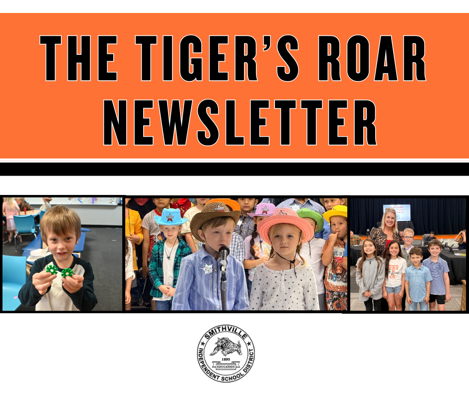 The tiger's roar newsletter in black writing with orange background; underneath are three photos of students.
