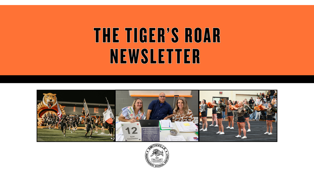 The Tiger roar newsletter in black letters on an orange background; below are picture of football players, cheerleaders, and three adults sitting at a table.