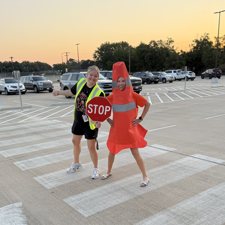 crossing guards dressed as traffic cones