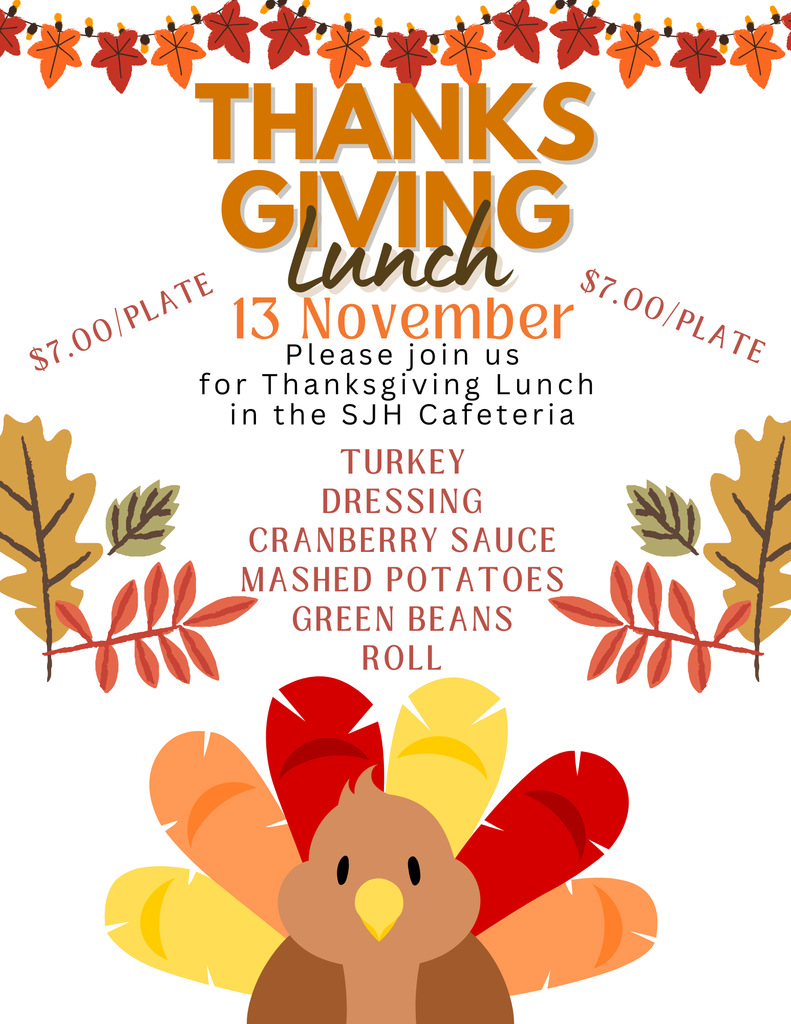 Please join us for Thanksgiving lunch on Thursday, November 13th! Turkey and all the fixings for $7 a plate.