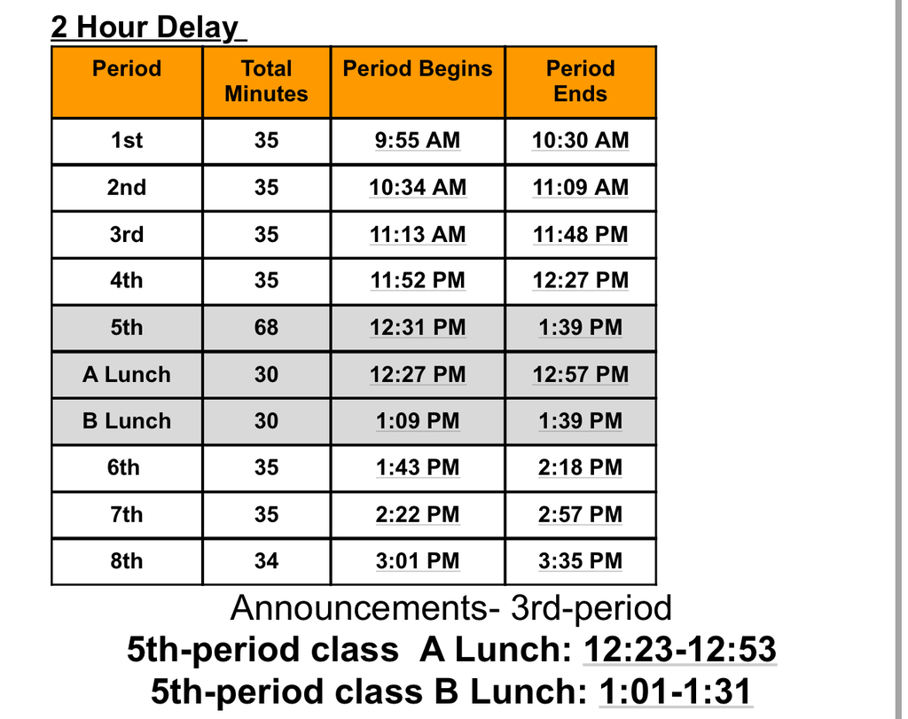 2 HR delay Schedule