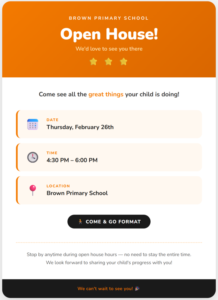 Open House tonight between 4:30 - 6:00 pm.  