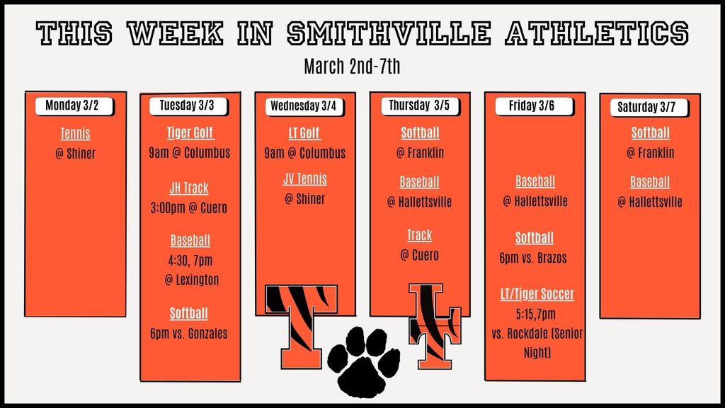 Smithville Athletics HS and JH Week At a Glance 3/2-3/7