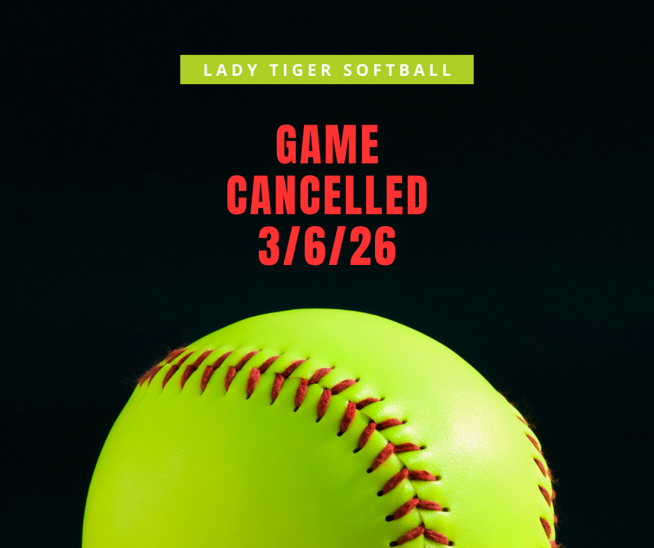 A yellow softball with red stitching on a black background. Text reads "Game Cancelled 3/6/26" above the ball.