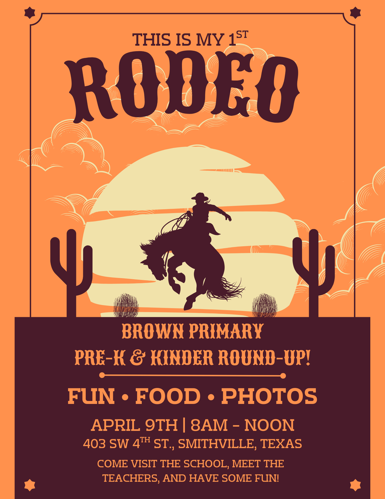 An orange poster for a rodeo event with a cowboy riding a horse. Cactus silhouettes and a sunset background.