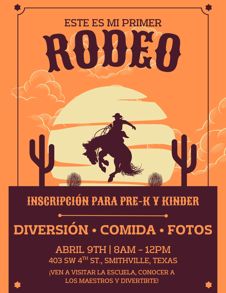 a man on a horse in the background with "inscripcion para pre-k y kinder" underneath