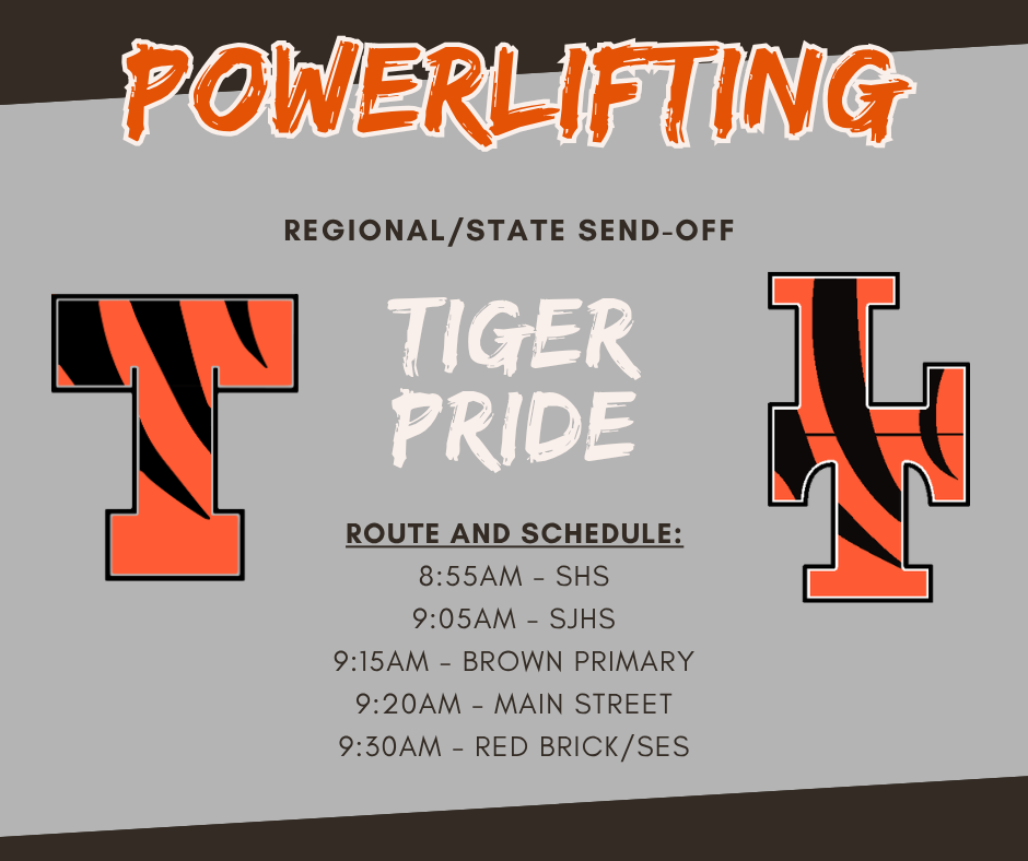 Advertisement for the Powerlifting Regional/State Send-off. Text includes route and schedule details, along with two logos.