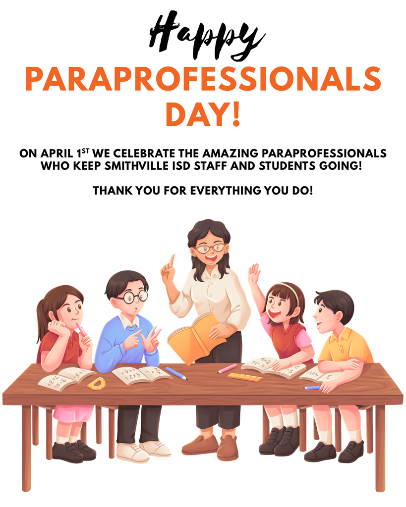 A group of children with a woman at a table. Above them, "Happy Paraprofessionals Day!" is written.