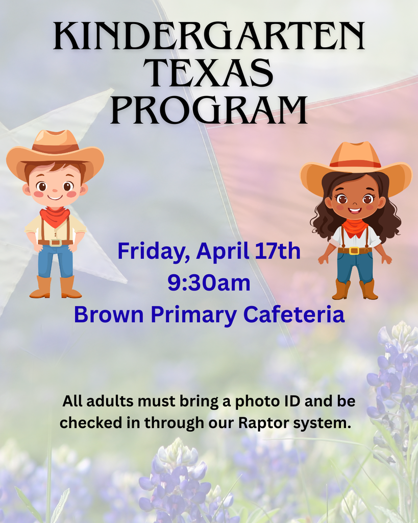A poster for the Kindergarten Texas Program on April 17th. It features two children in cowboy hats and boots against a background of purple flowers.
