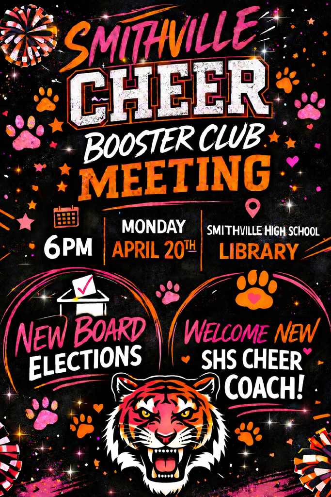 "Cheer booster meeting" poster for April 20th at 6pm in colors of pink, orange, black and white