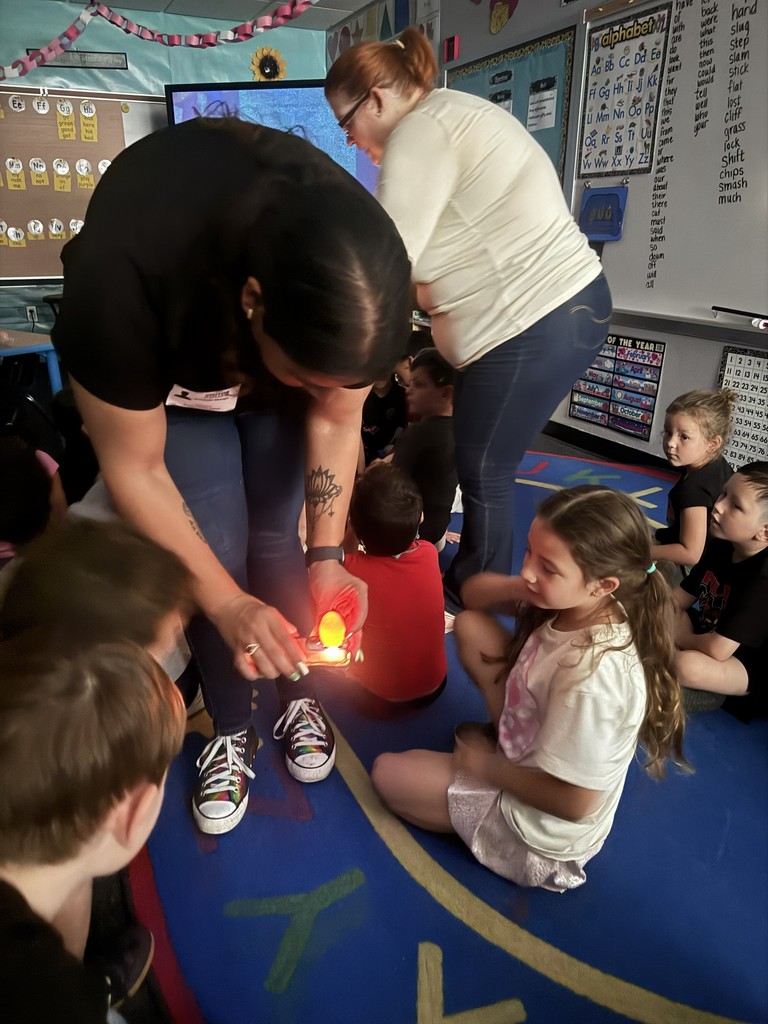 woman holding an egg up to a flashlight to "candle" it for the students to see