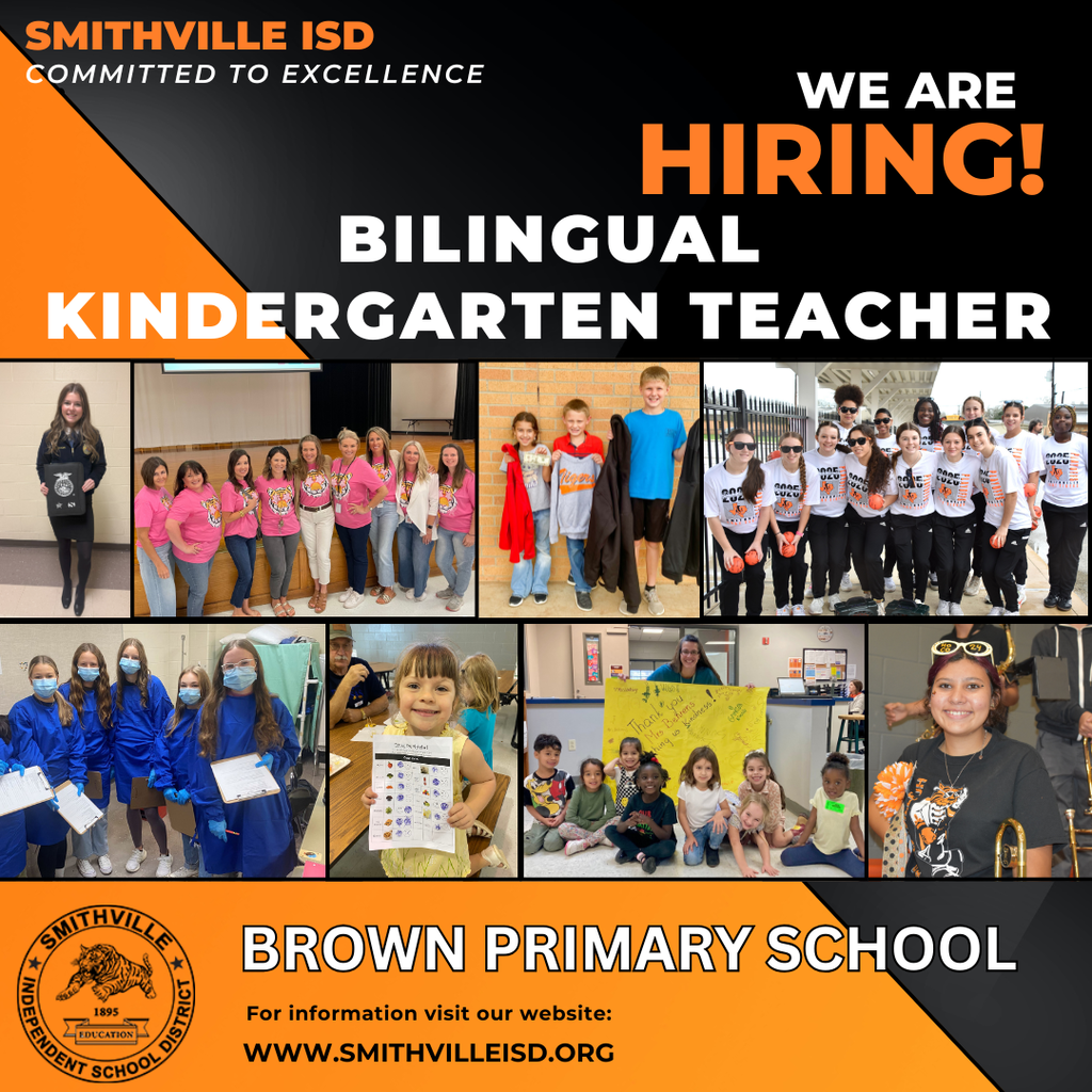 "We are Hiring" with a black and orange background and the Smithville ISD seal and a collage of pictures of students