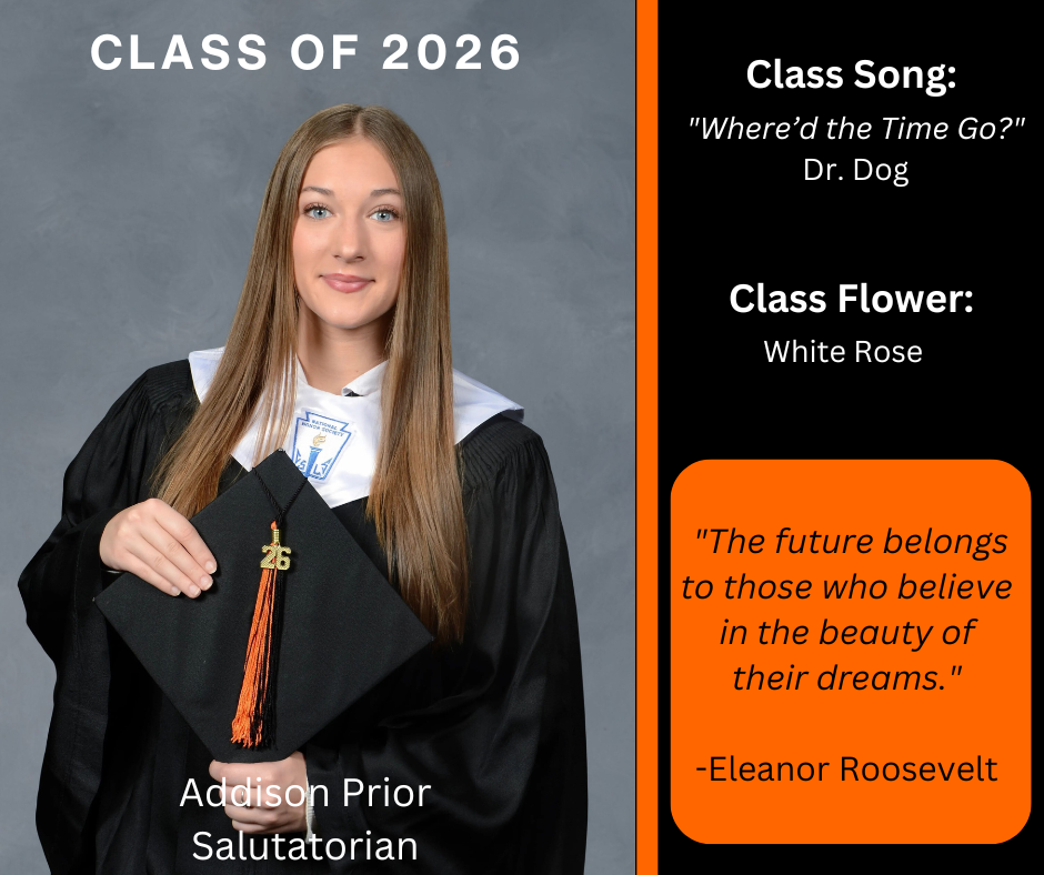 A female student stands in a black graduation gown holding a cap, with text about the class of 2026.