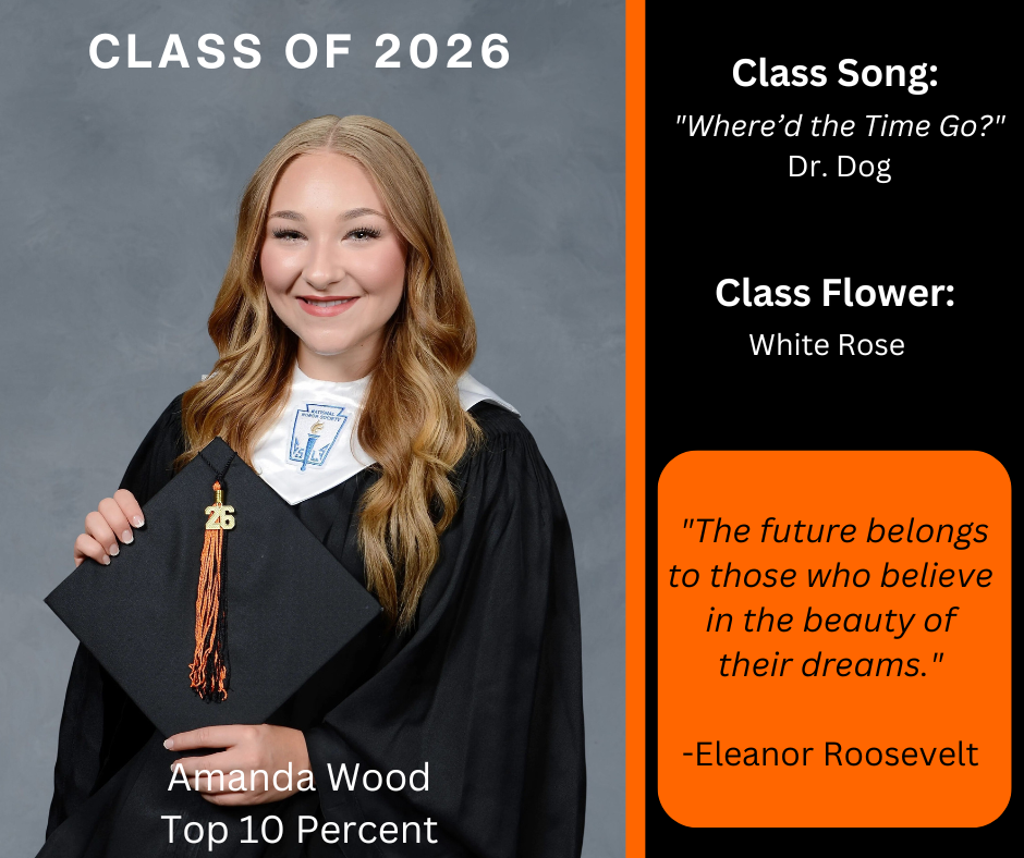 Woman in graduation gown holding cap with tassel. Text reads "Class of 2026." Details include class song, flower, and quote.