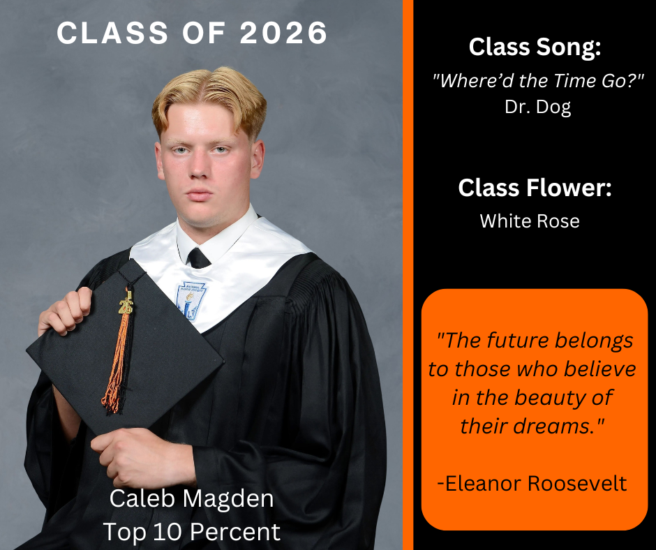 A young man in a graduation gown holds his cap.  The words Class of 2026 are above him.