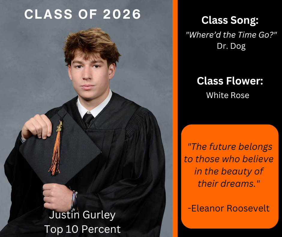 A man in a black graduation gown and cap, holding a tassel, stands against a gray background. Text reads "Class of 2026."
