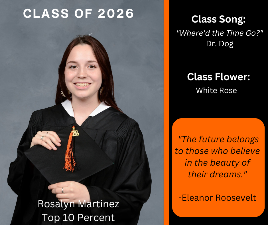 A woman in a graduation gown holds her cap. Text: "Class of 2026, Rosalyn Martinez, Top 10 Percent."