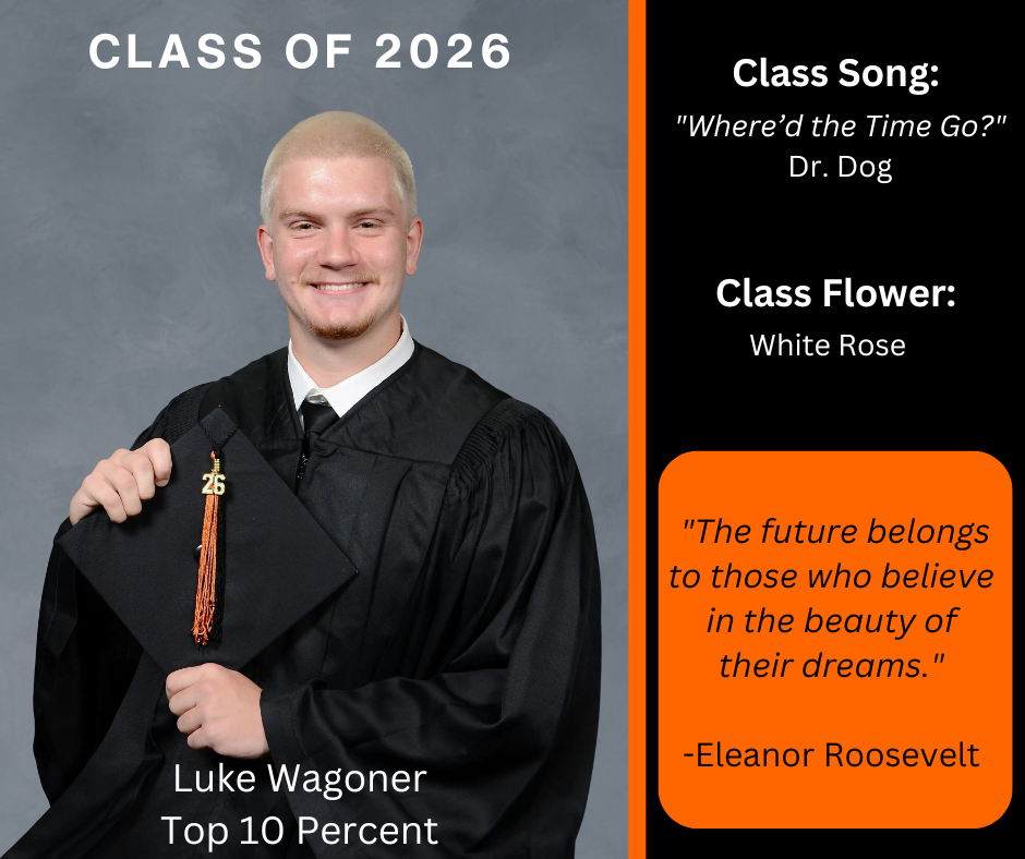 A man in a black robe smiles, holding a graduation cap. Text reads: "Class of 2026," "Luke Wagoner," "Top 10 Percent."