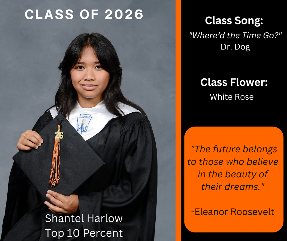 A young woman in a graduation gown holds a cap with a tassel. Text reads: Class of 2026, Class Song, Class Flower, and a quote from Eleanor Roosevelt.