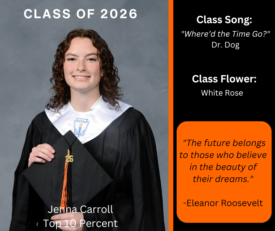 A woman in a black gown and cap stands smiling. Text reads "Class of 2026." Her name is Jenna Carroll.