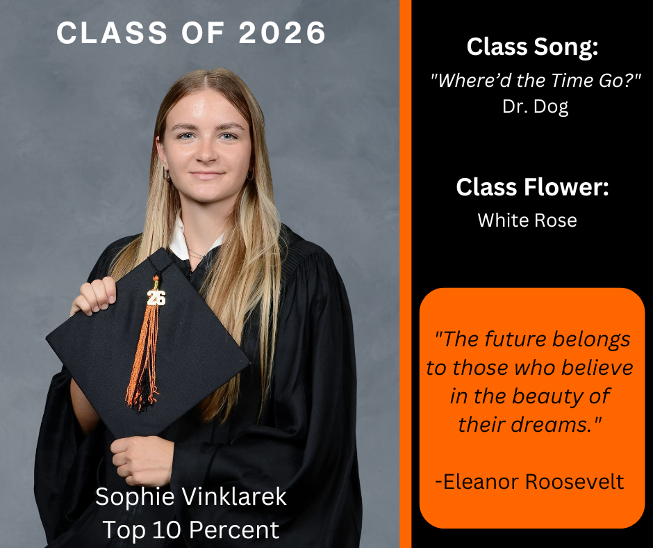 A female graduate holds a tasseled cap. Text reads: "Class of 2026", "Class Song: 'Where'd the Time Go?' by Dr. Dog", and "Class Flower: White Rose".
