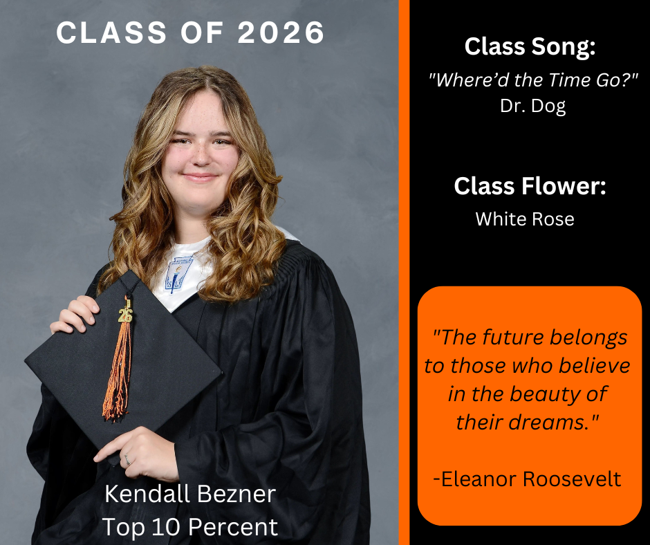 A young person in a graduation gown holds a tassel. Text includes Class of 2026, a quote, and a floral class symbol.