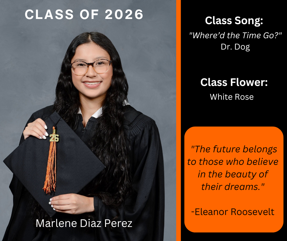 a girl in a graduation gown holding graduation cap with "Class of 2026" above her