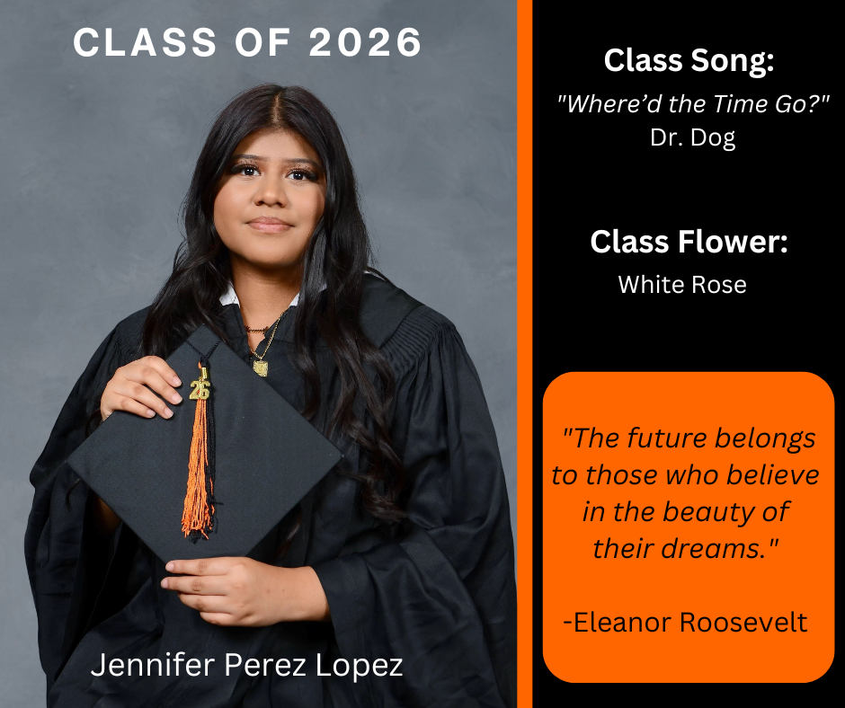 a girl in a graduation gown holding graduation cap with "Class of 2026" above her
