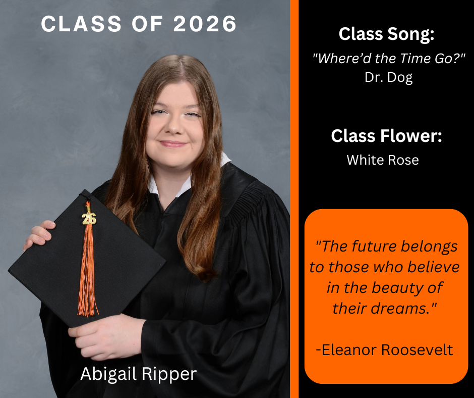 girl holding a graduation cap wearing a graduation gown; features class song and class flower