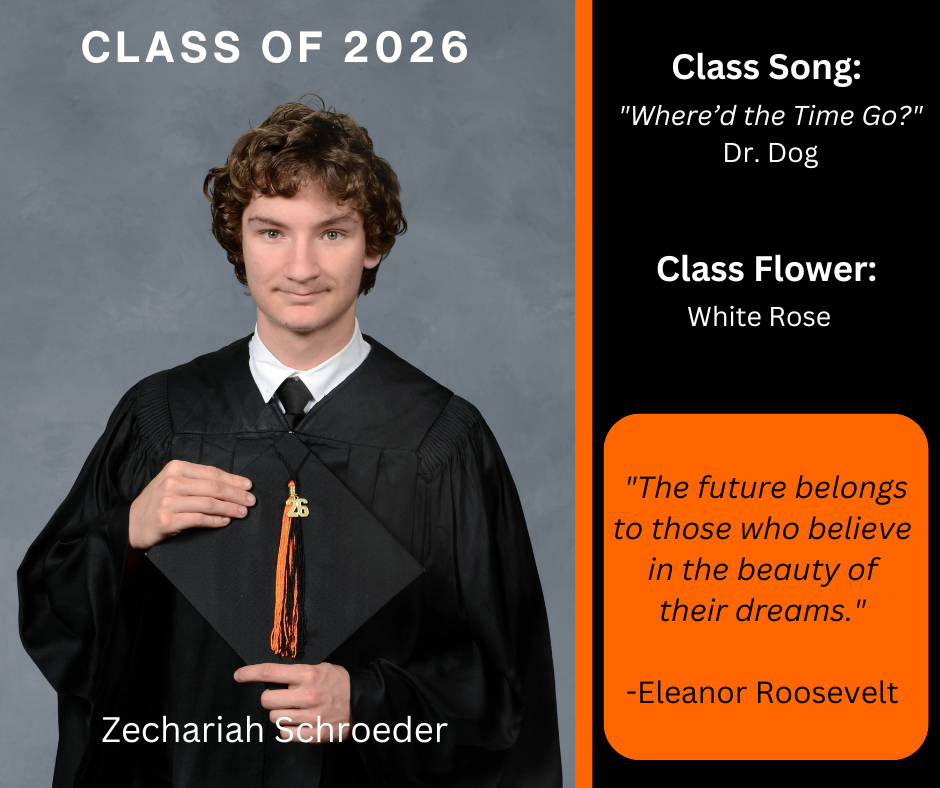 boy holding a graduation cap wearing a graduation gown; features class song and class flower