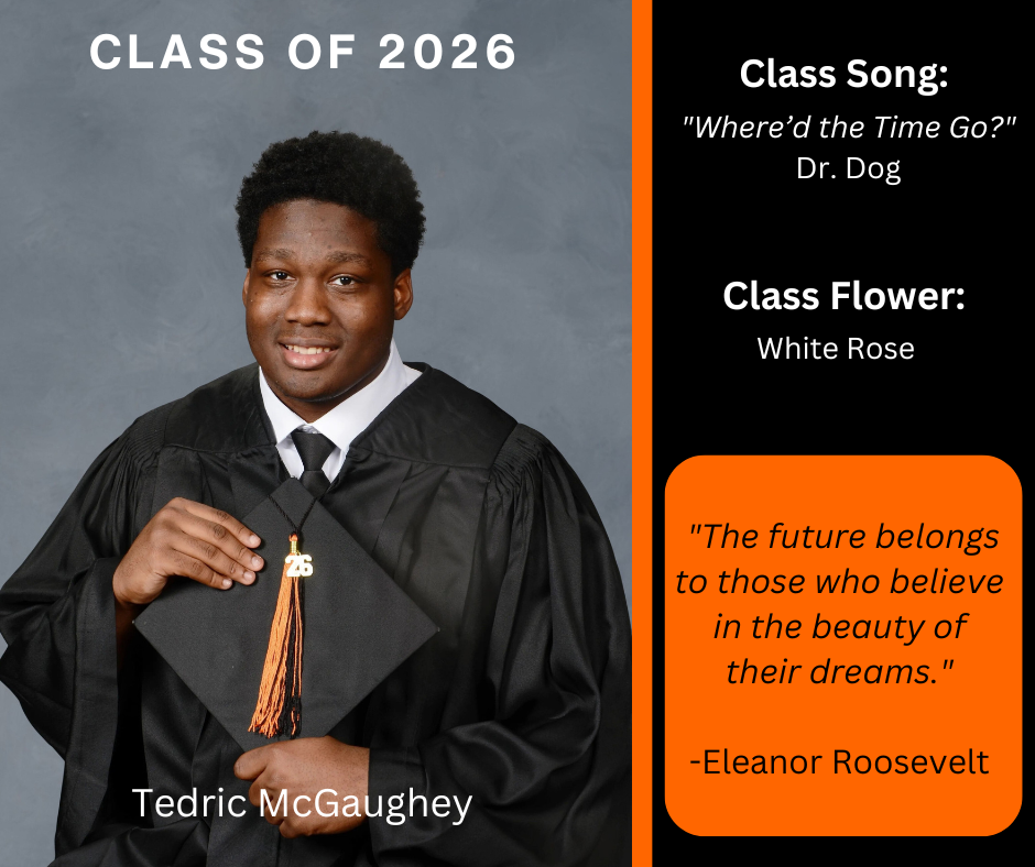 boy holding a graduation cap wearing a graduation gown; features class song and class flower