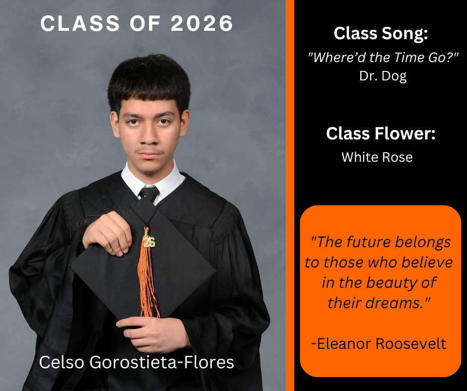 boy holding a graduation cap wearing a graduation gown; features class song and class flower