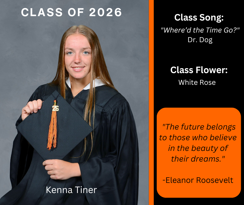 girl holding a graduation cap wearing a graduation gown; features class song and class flower