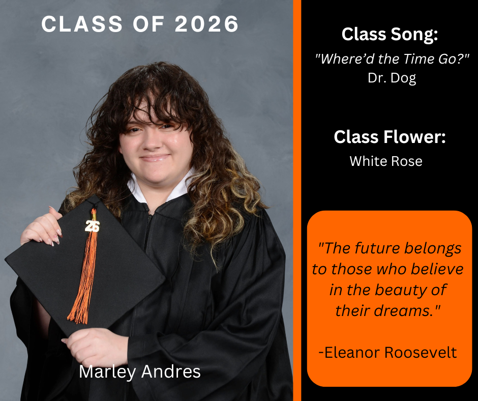 girl holding a graduation cap wearing a graduation gown; features class song and class flower