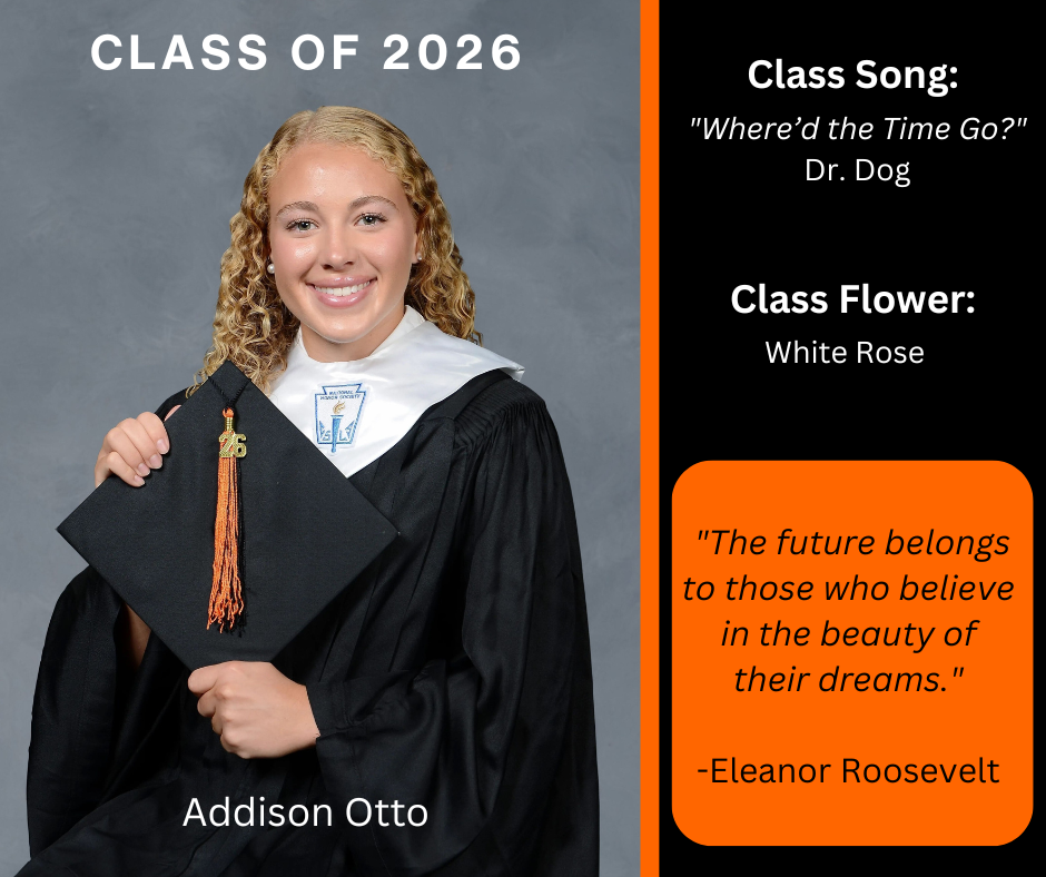 girl holding a graduation cap wearing a graduation gown; features class song and class flower