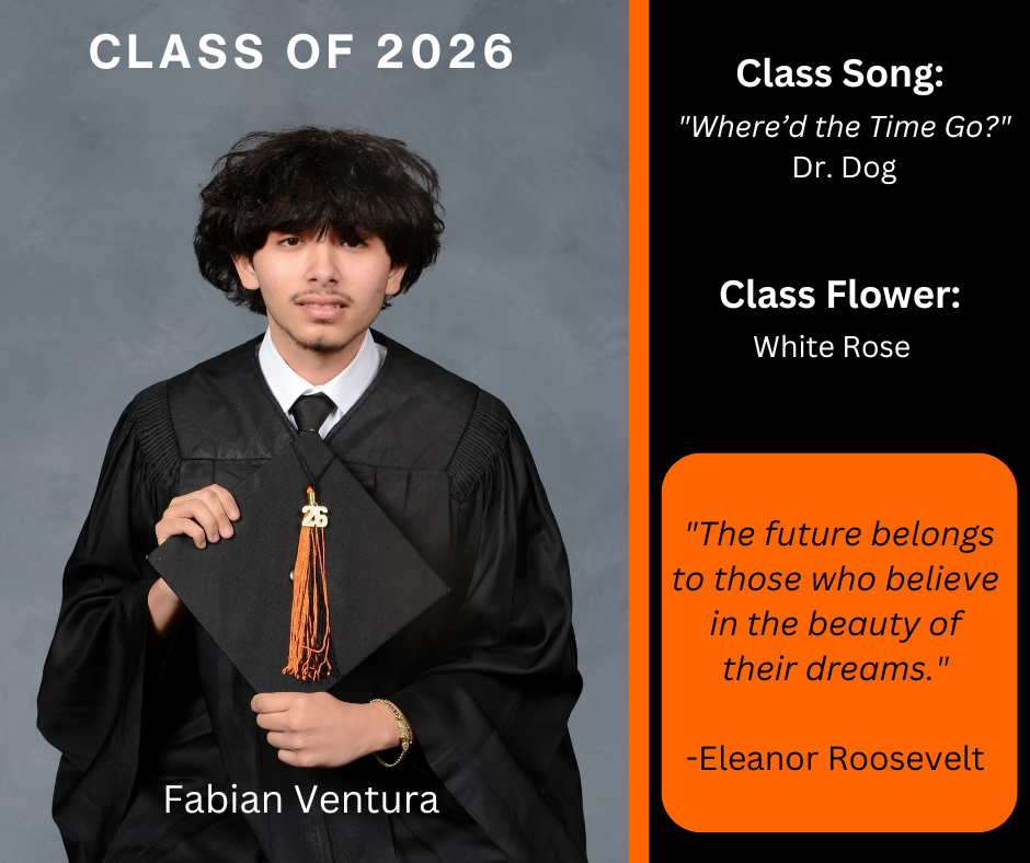 boy holding a graduation cap wearing a graduation gown; features class song and class flower