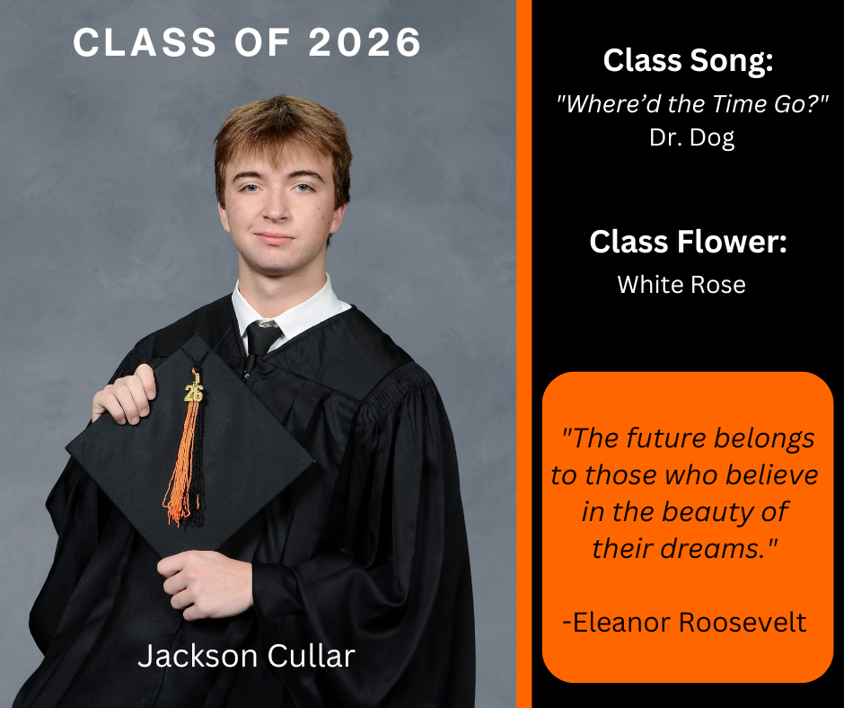 boy holding a graduation cap wearing a graduation gown; features class song and class flower