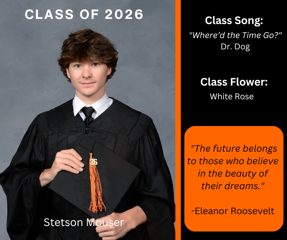 boy holding a graduation cap and wearing a graduation gown; has class song and class flower listed