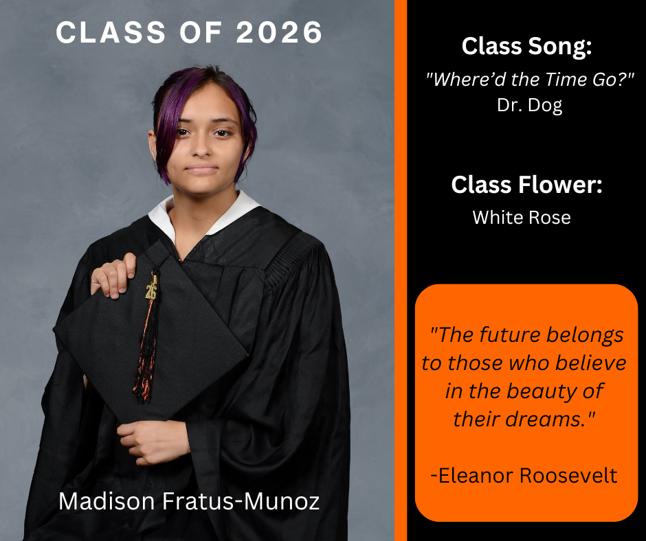 girl holding a graduation cap and wearing a graduation gown; has class song and class flower listed