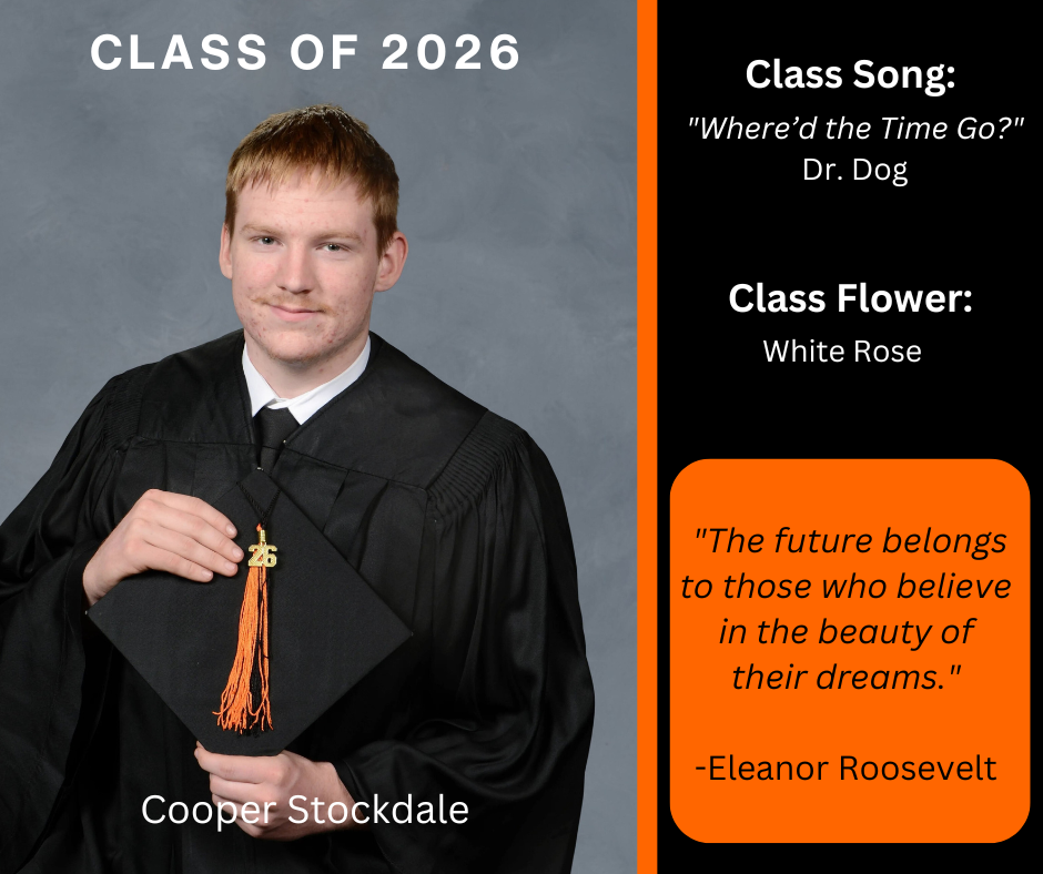boy holding a graduation cap and wearing a graduation gown; has class song and class flower listed