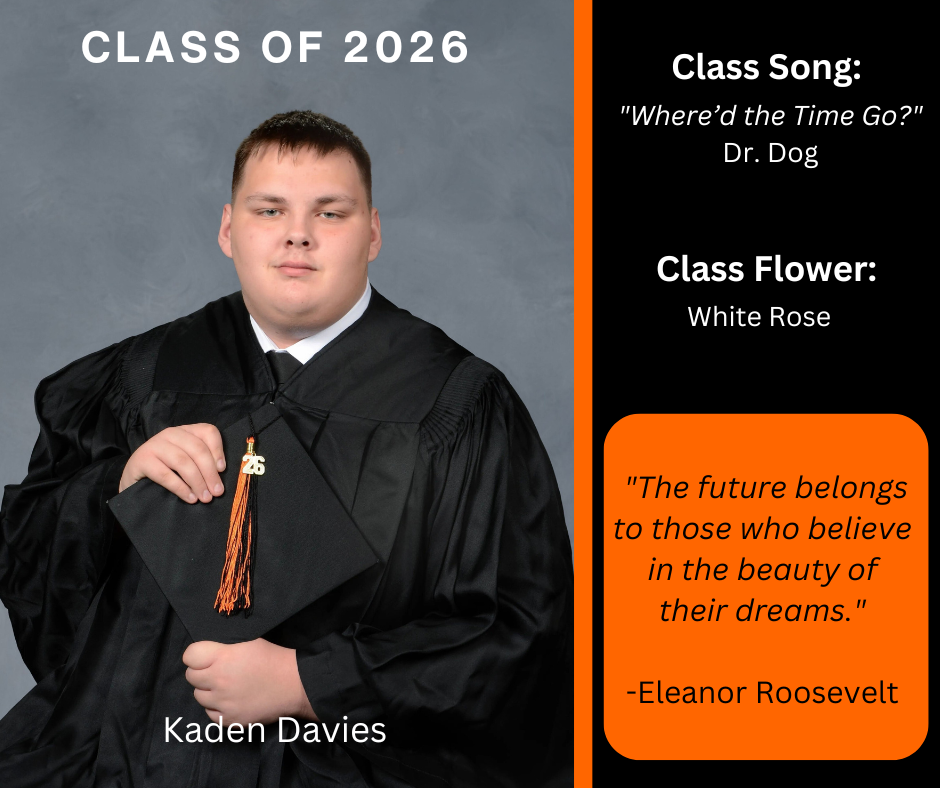 boy holding a graduation cap and wearing a graduation gown; has class song and class flower listed